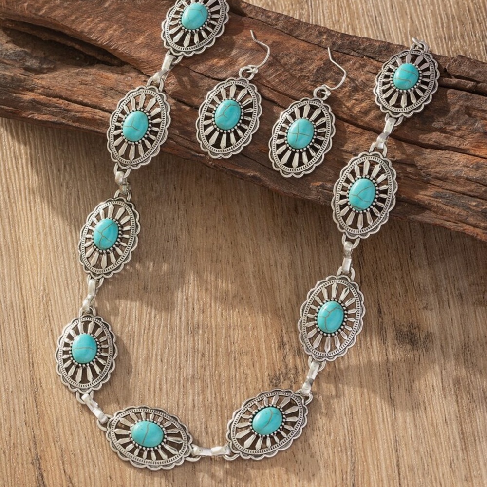 Boho Turquoise Oval Concho Necklace & Earrings Set - Fashion Jewelry